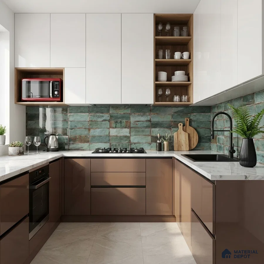 Modern kitchen with glossy brown laminate, white laminate, quartz countertop, and rustic green subway backsplash tile