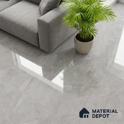 Modern living room with grey marble-look polished floor tiles and grey fabric sofa