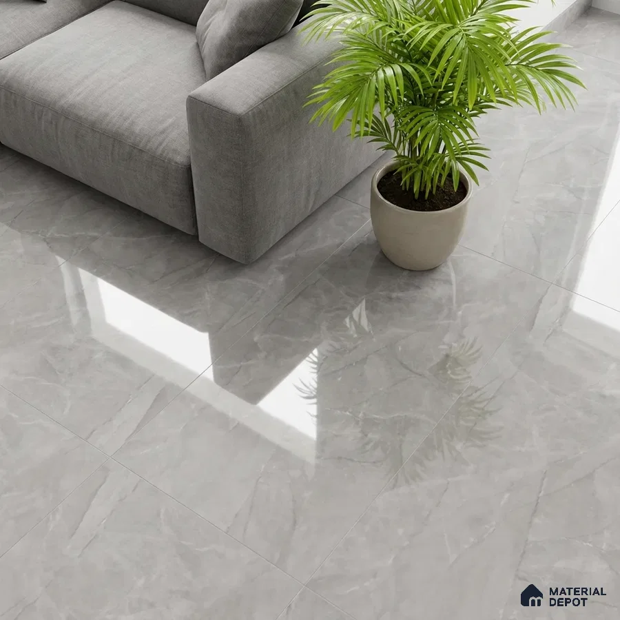 Modern living room with grey marble-look polished floor tiles and grey fabric sofa