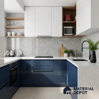 Modern U-shaped kitchen with navy blue high gloss laminate, frosty white laminate, and grey marble backsplash