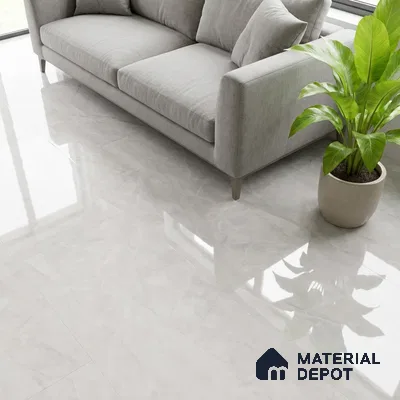 Minimalist living room with light grey marble-look glossy floor tiles and grey fabric sofa