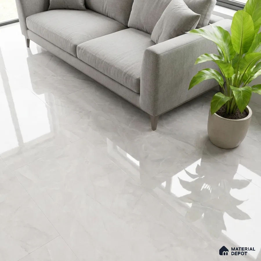 Minimalist living room with light grey marble-look glossy floor tiles and grey fabric sofa