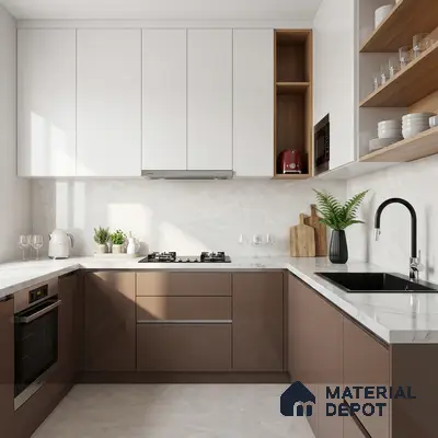 Modern dual tone kitchen with glossy taupe and white laminate, white marble-look backsplash and countertop