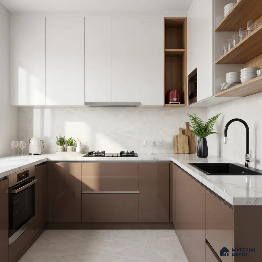 Modern dual tone kitchen with glossy taupe and white laminate, white marble-look backsplash and countertop