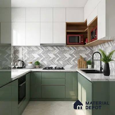 Modern dual tone kitchen with sage green and frosty white laminate, quartz countertop, and chevron patterned backsplash tile