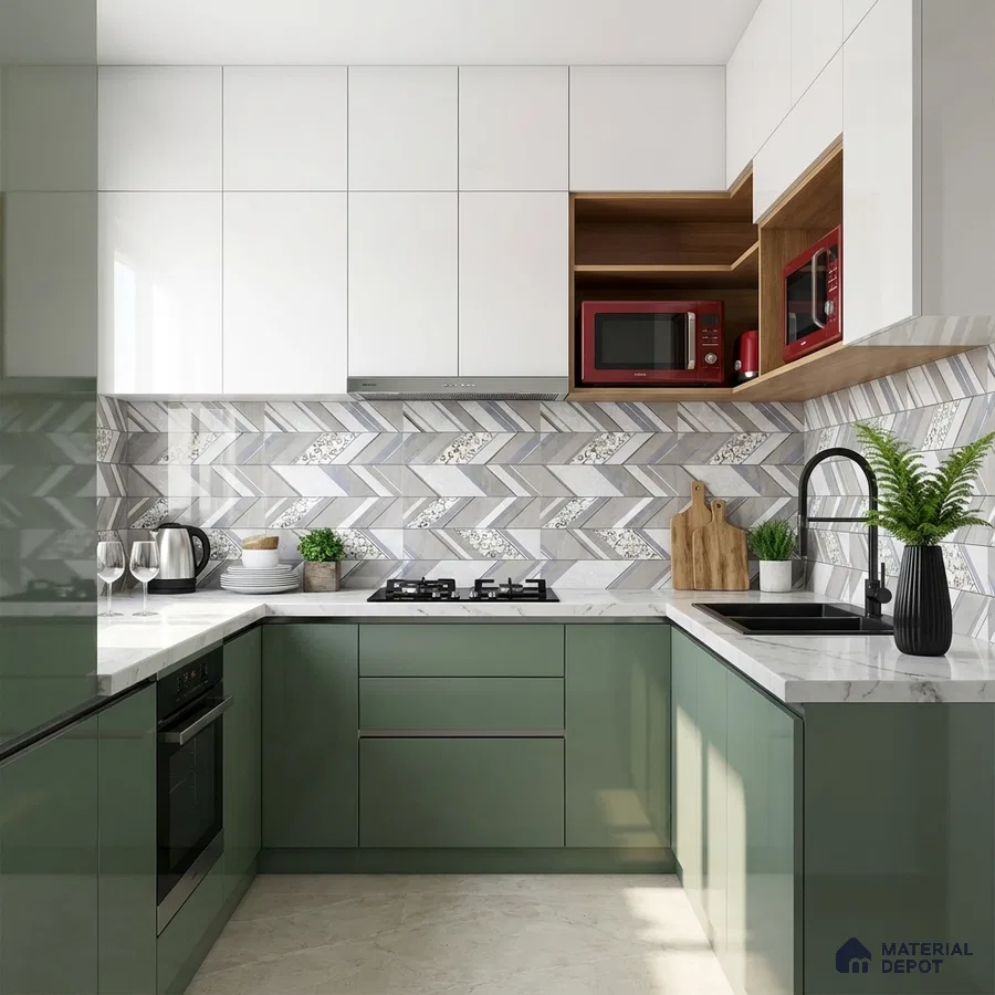 Modern dual tone kitchen with sage green and frosty white laminate, quartz countertop, and chevron patterned backsplash tile
