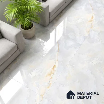 Modern living room with glossy marble-look floor tiles and light grey sofas