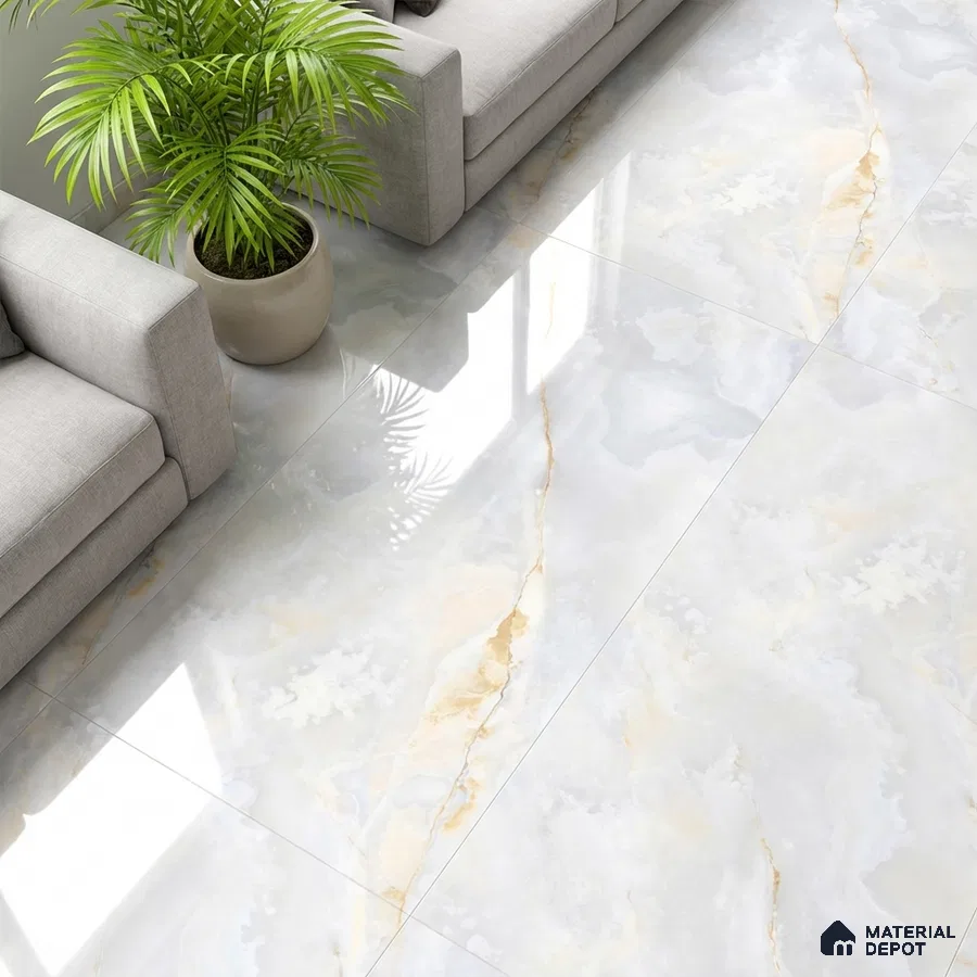 Modern living room with glossy marble-look floor tiles and light grey sofas