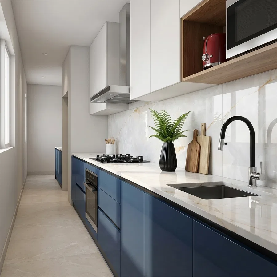 Modern parallel kitchen with navy blue high gloss laminate, white marble-look backsplash, and quartz countertop