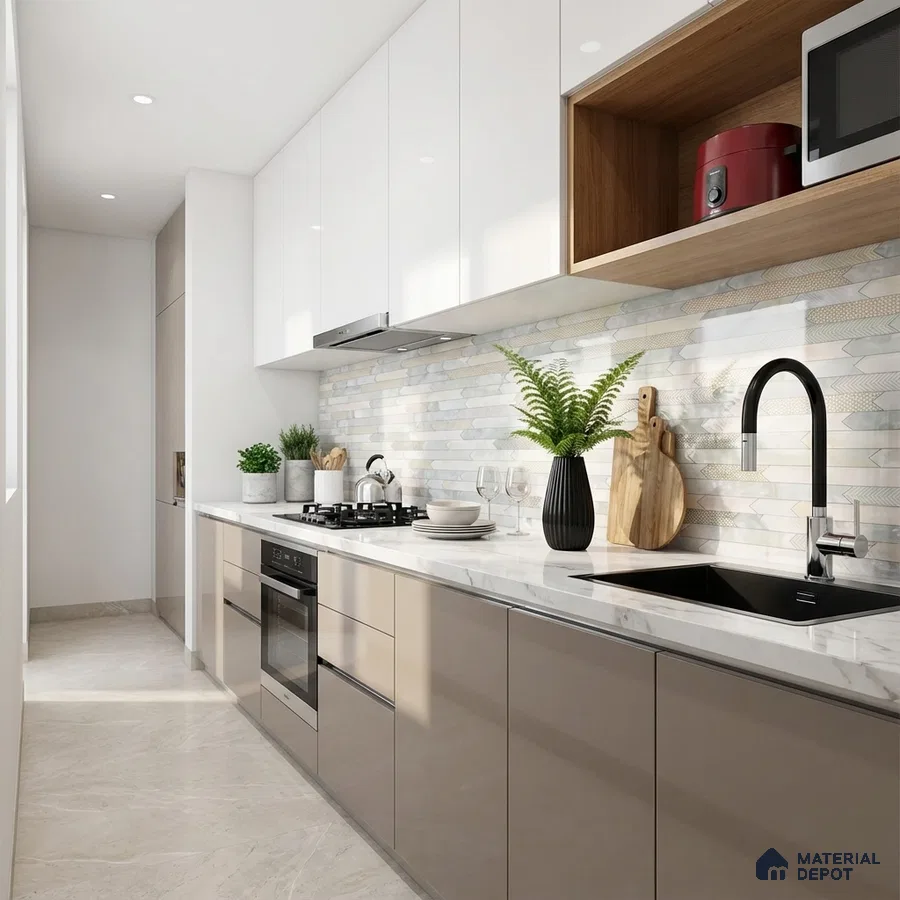 Modern kitchen with glossy white and taupe laminate, marble-look quartz countertop, and textured mosaic backsplash tile