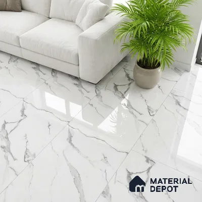 Modern living room with polished white marble-look floor tiles and neutral sofa