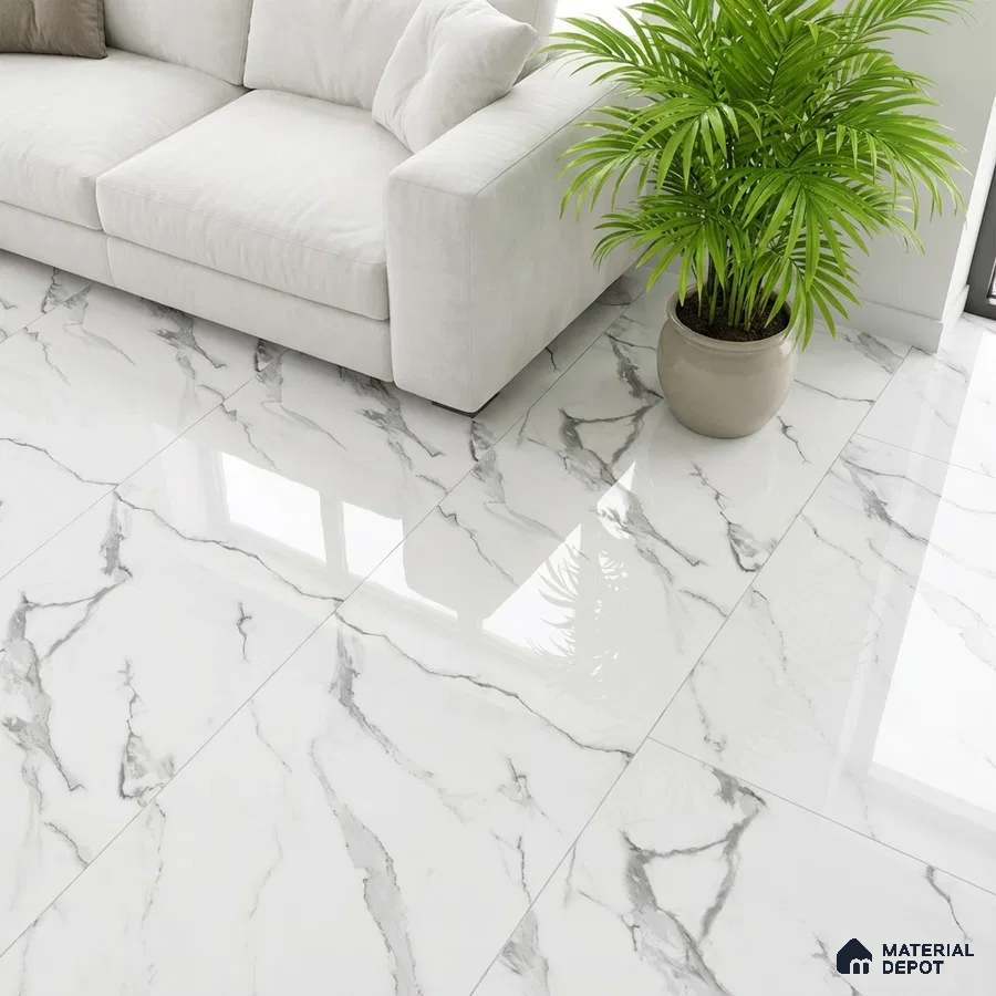 Modern living room with polished white marble-look floor tiles and neutral sofa