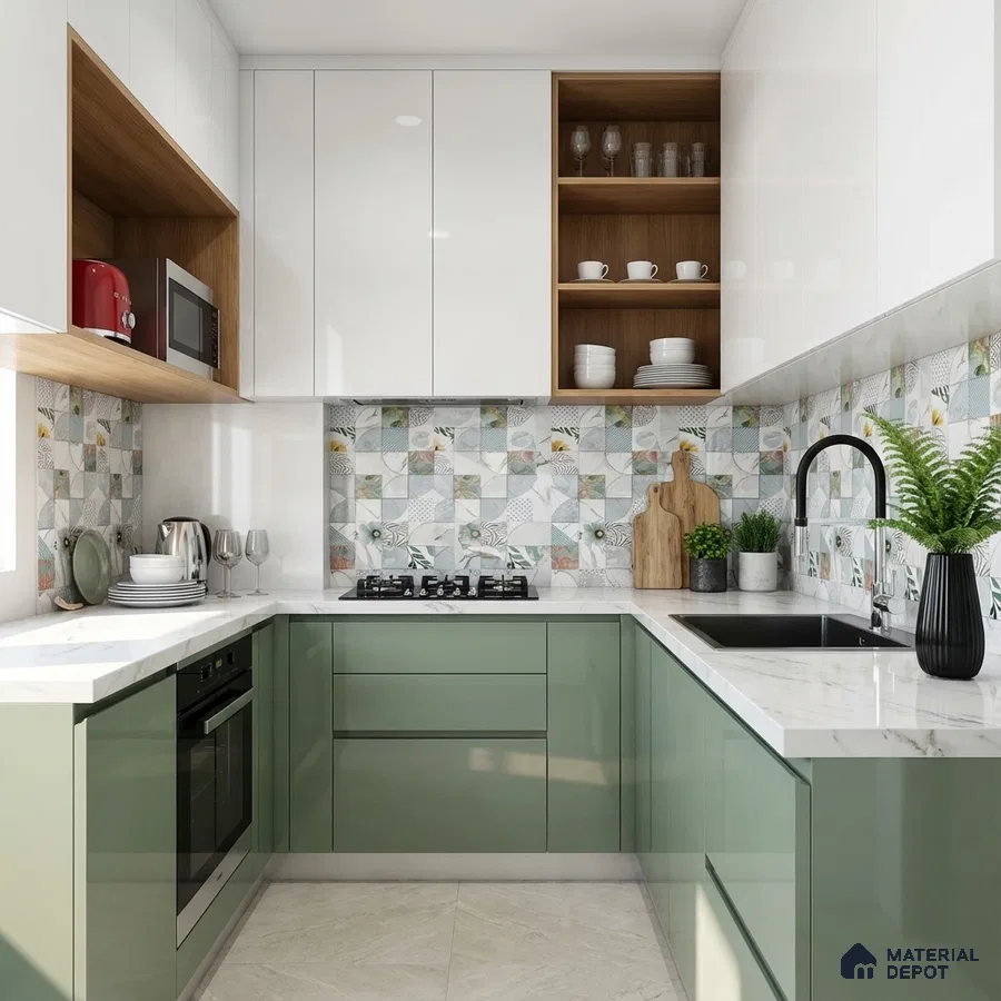 Modern dual tone kitchen with sage green laminate, white high gloss laminate, and patterned backsplash tiles