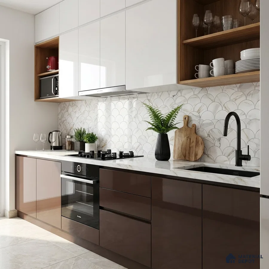 Modern kitchen with glossy brown and white laminate, marble scallop backsplash tile, and white quartz countertop