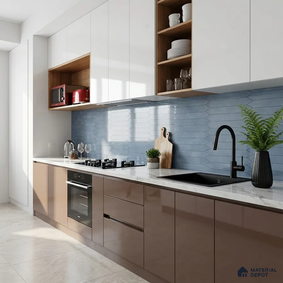 Modern kitchen with glossy taupe and white laminate, blue geometric backsplash tile, and quartz countertop