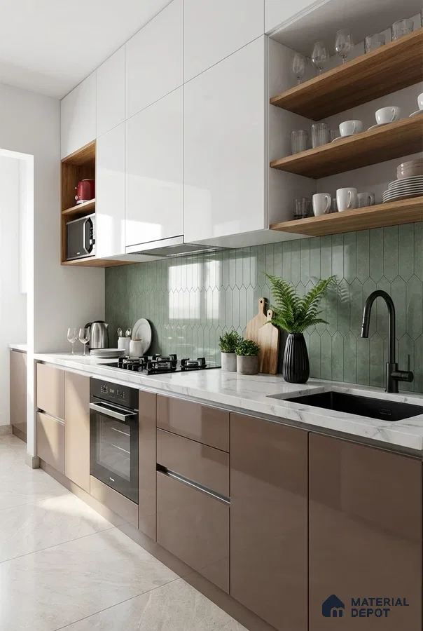 Modern kitchen with glossy taupe and white laminate, green geometric backsplash tile, and quartz countertop