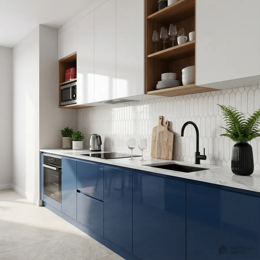 Modern kitchen with blue high gloss laminate, white quartz countertop, and geometric white backsplash tile