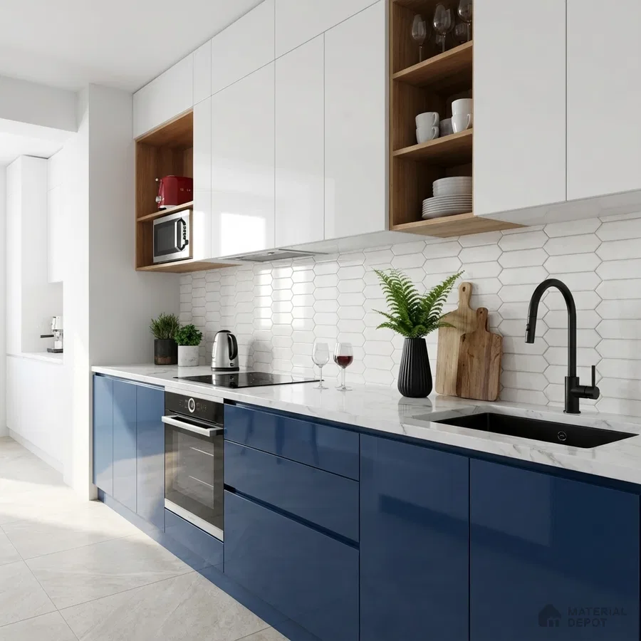 Modern kitchen with blue high gloss laminate, white marble-look countertop, and white geometric backsplash tile
