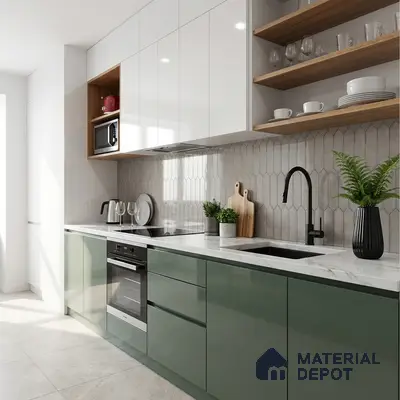 Modern kitchen with sage green and white high gloss laminate, quartz countertop, and geometric beige backsplash tile