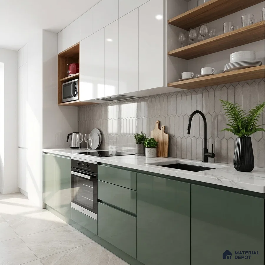 Modern kitchen with sage green and white high gloss laminate, quartz countertop, and geometric beige backsplash tile