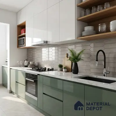 Modern kitchen with sage green and white high gloss laminate, quartz countertop, and beige hexagonal backsplash tile