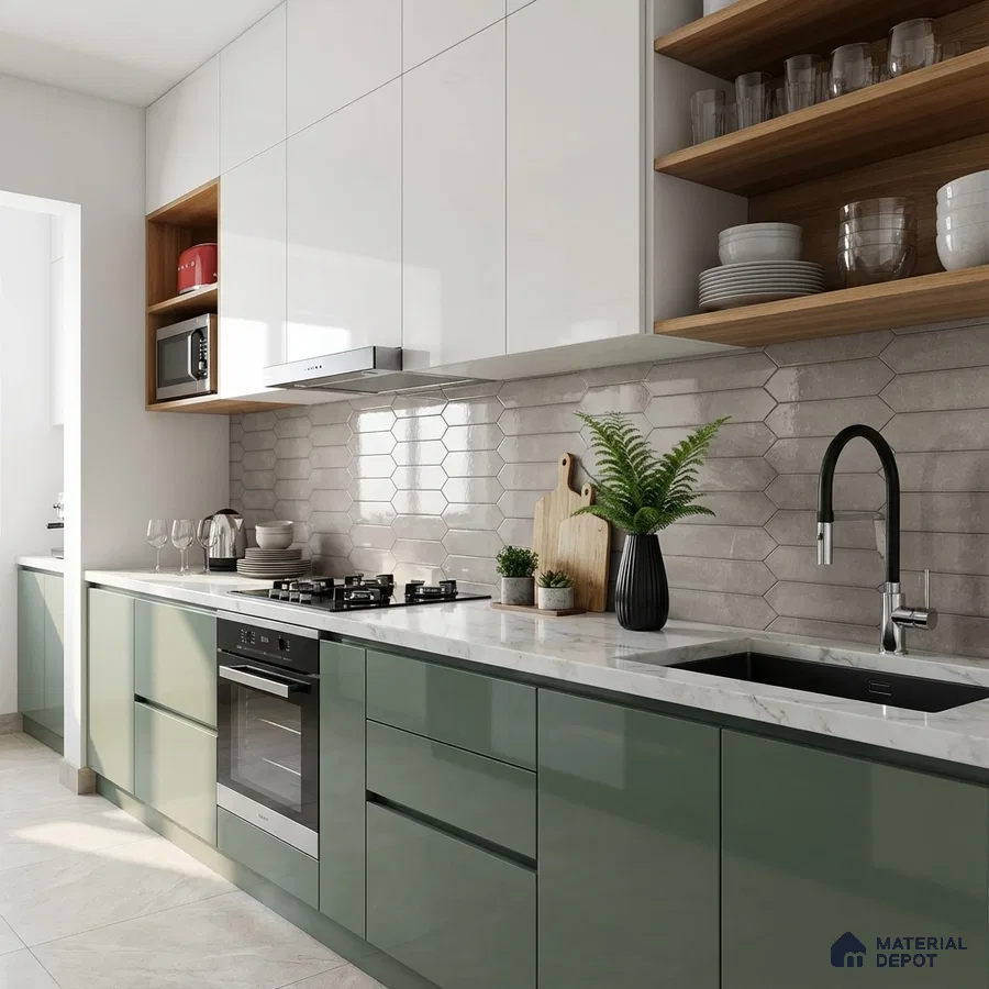 Modern kitchen with sage green and white high gloss laminate, quartz countertop, and beige hexagonal backsplash tile