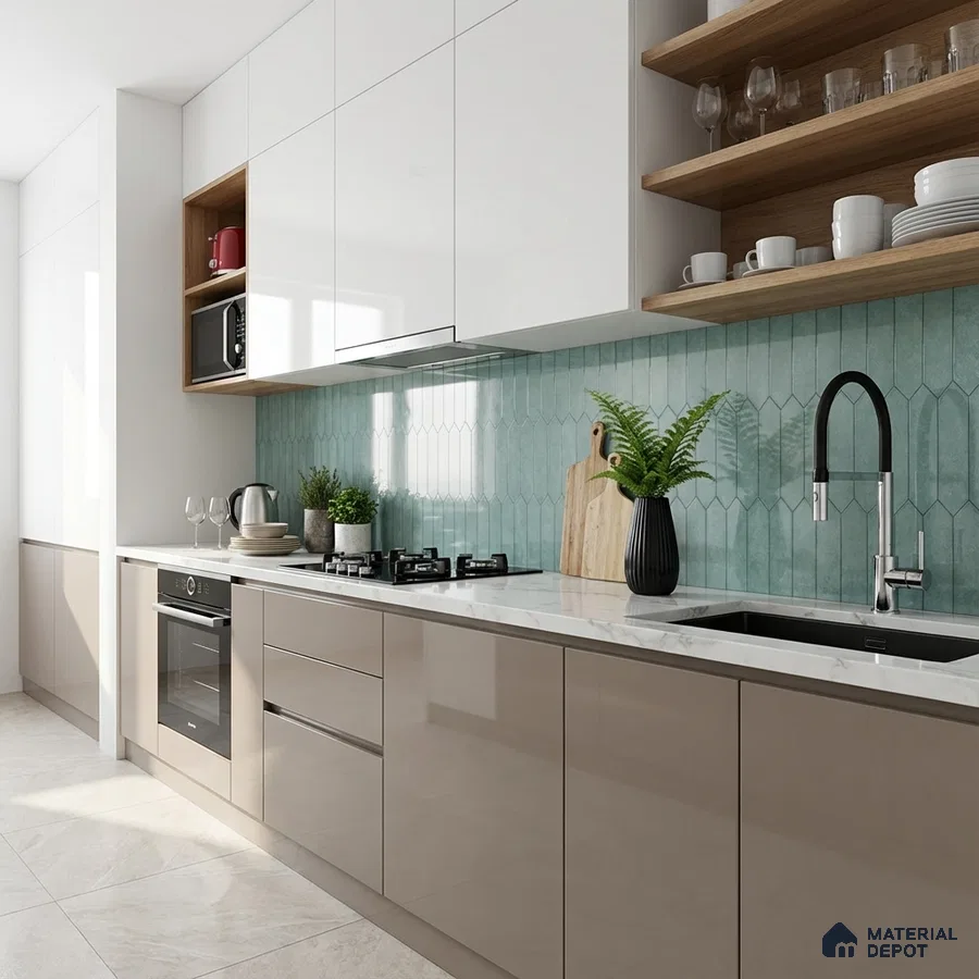 Modern kitchen with glossy beige and white laminate, aqua geometric backsplash tile, and quartz countertop