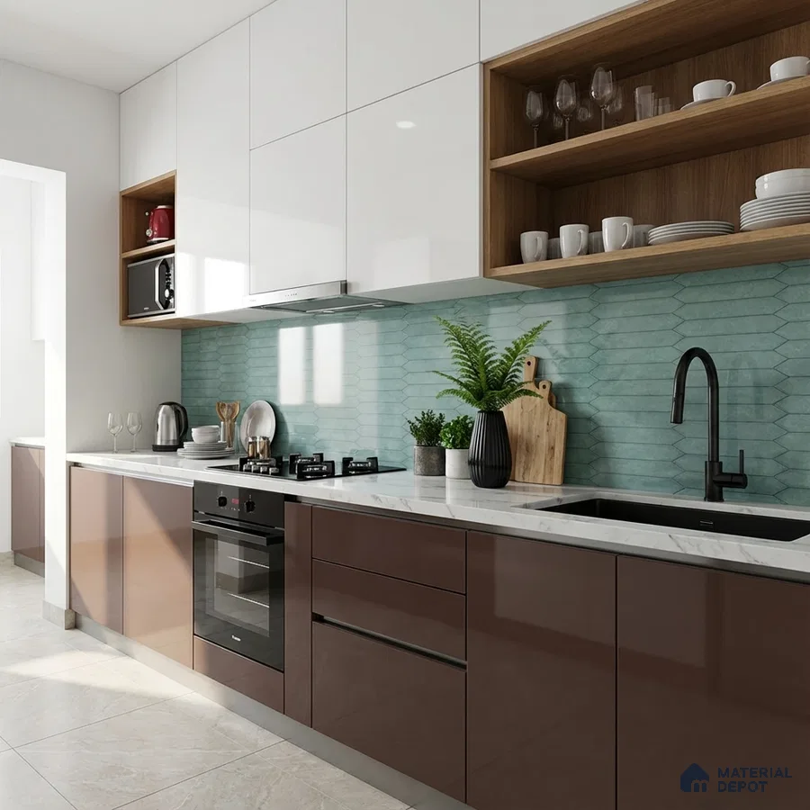 Modern kitchen with glossy brown laminate, white laminate, and aqua geometric backsplash tile