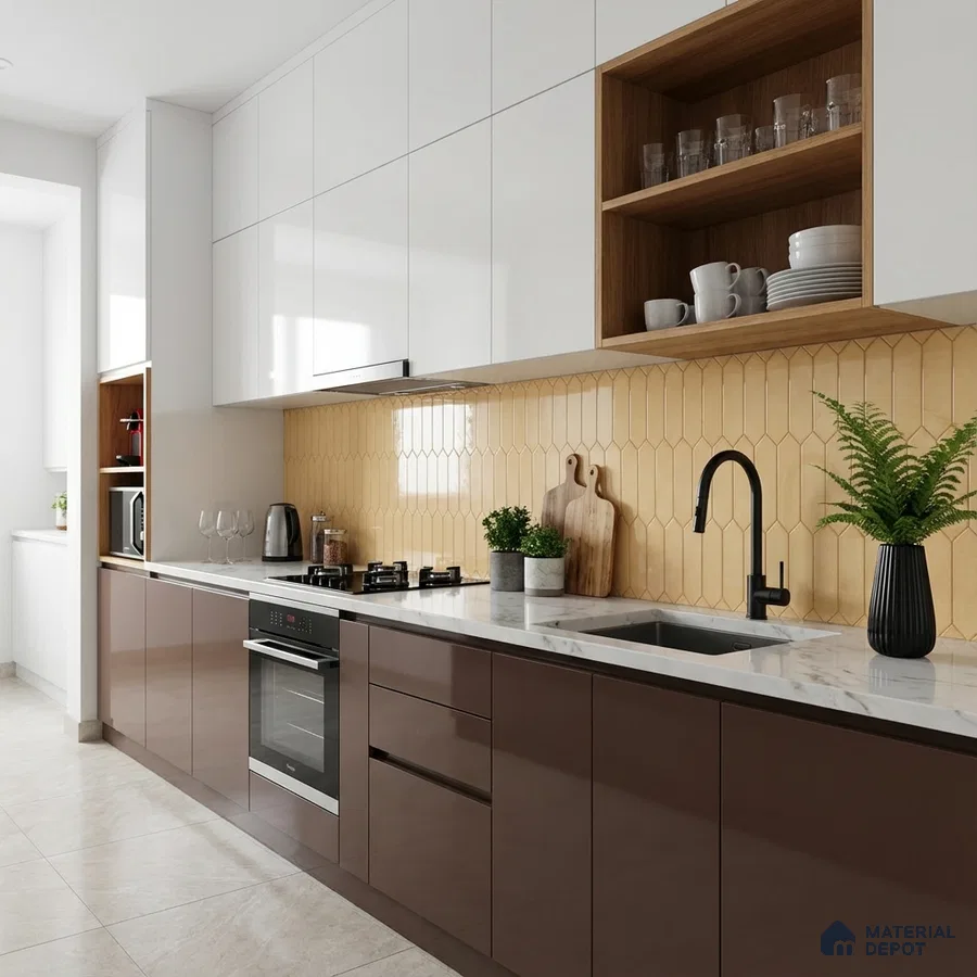 Modern dual tone kitchen with glossy brown and white laminate, quartz countertop, and yellow geometric backsplash tile
