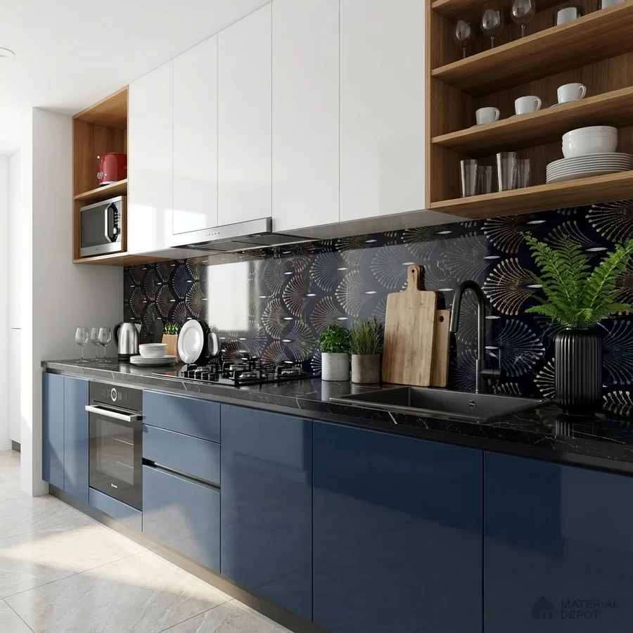 Modern kitchen with navy blue high gloss laminate, white laminate, and black quartz countertop