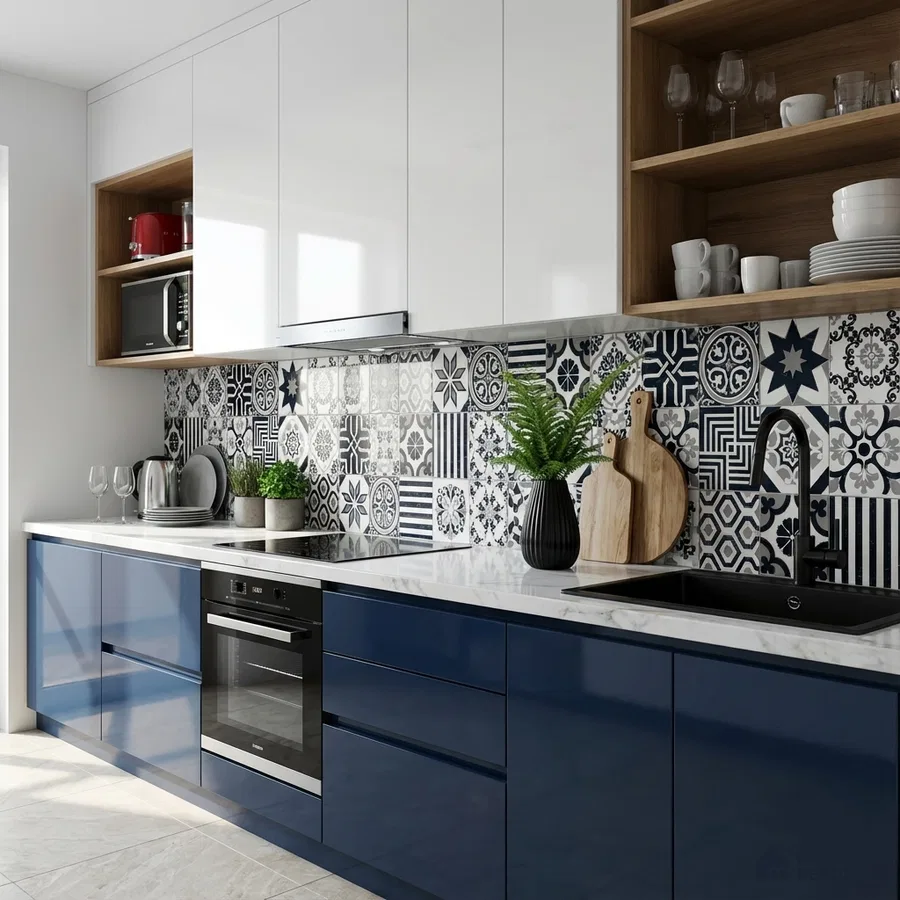Modern kitchen with navy blue and white laminate, patterned moroccan backsplash tiles, and white quartz countertop