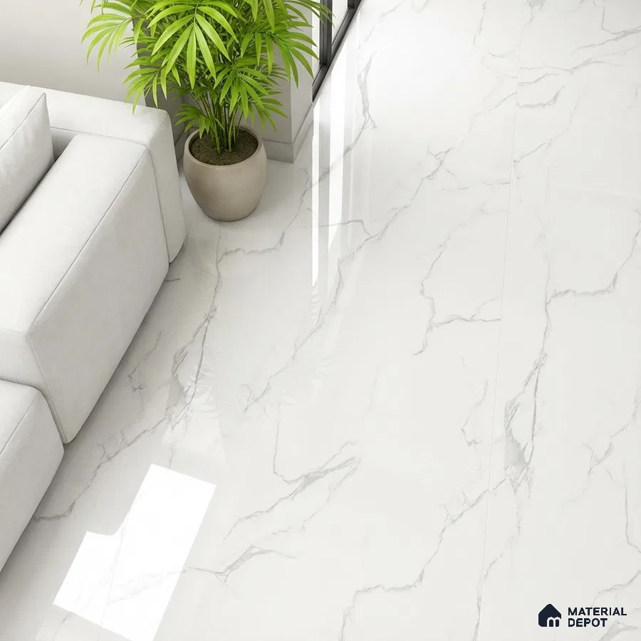 Modern living room with white marble-look polished floor tiles and neutral sofa