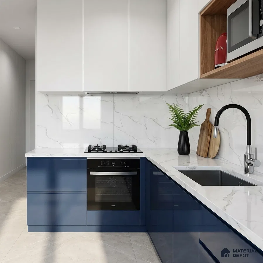 Modern dual tone kitchen with navy blue high gloss laminate, frosty white laminate, and white marble-look backsplash