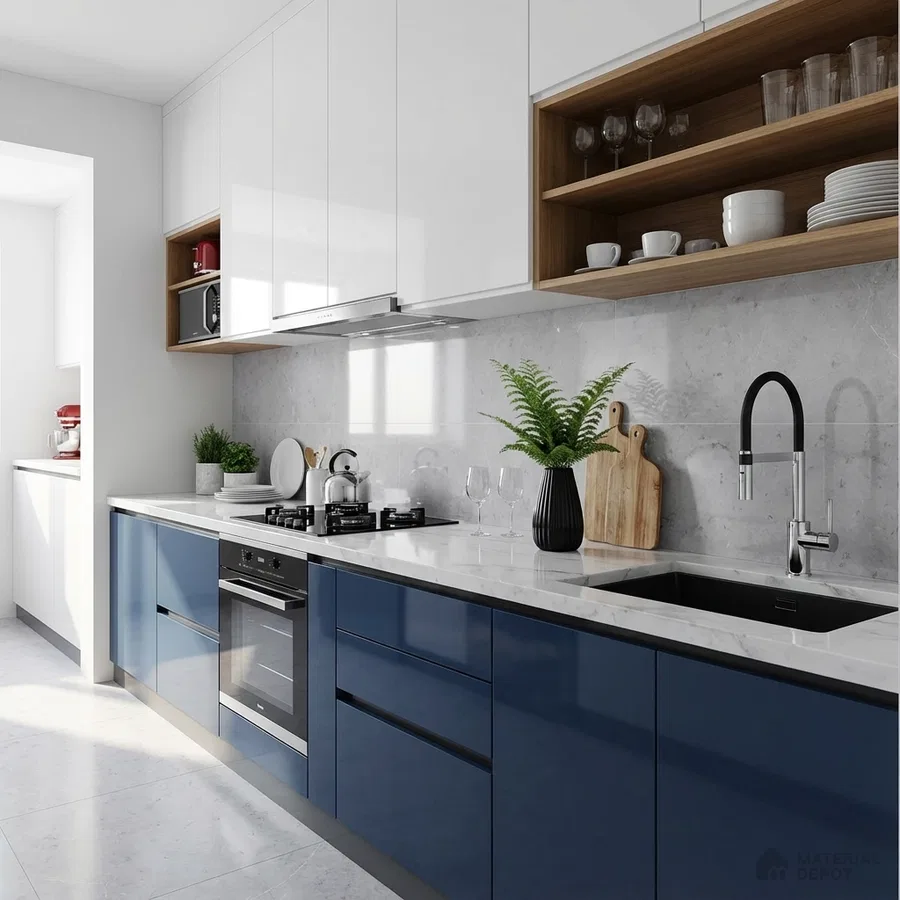 Modern dual tone kitchen with navy blue high gloss laminate, frosty white laminate, and marble-look backsplash