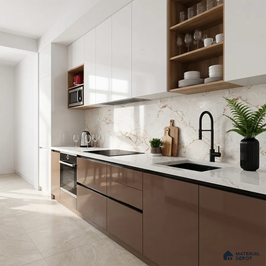 Modern kitchen with glossy brown and white laminate, marble-look backsplash, and beige floor tiles