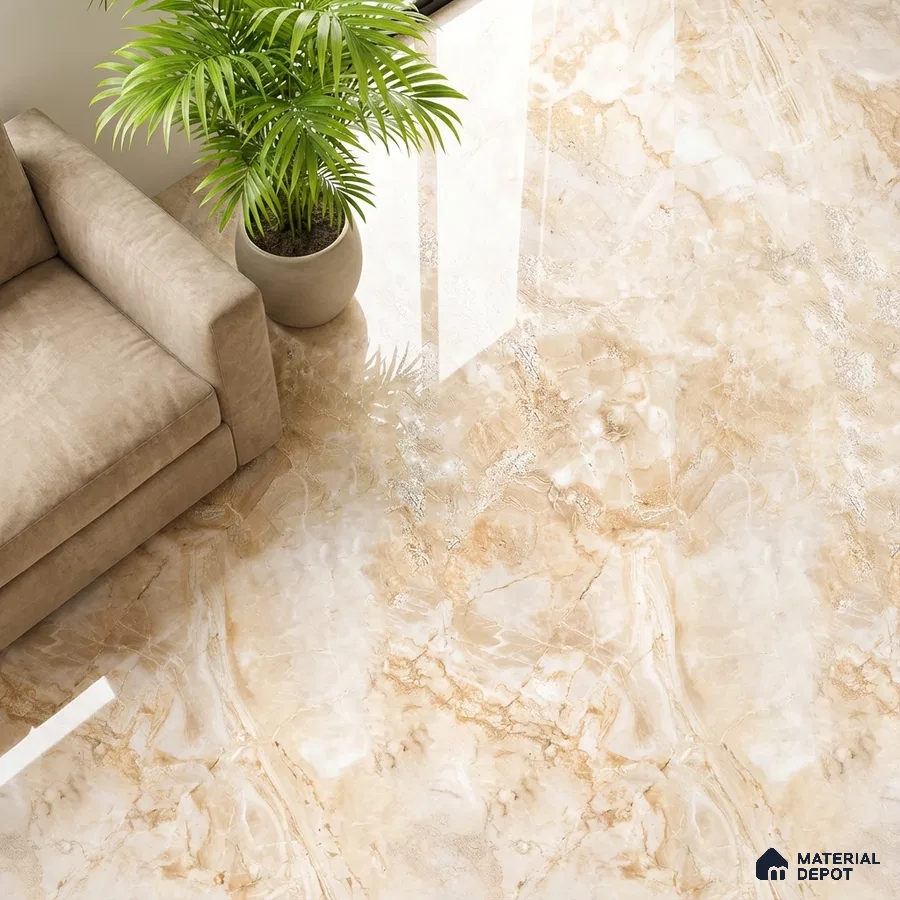 Modern living room with beige marble-look polished floor tiles and suede sofa