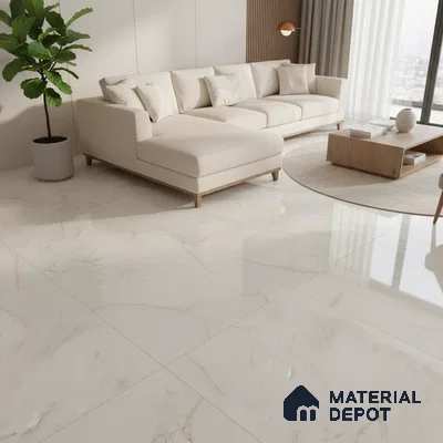 Modern living room with beige marble-look floor tiles and light wood accents