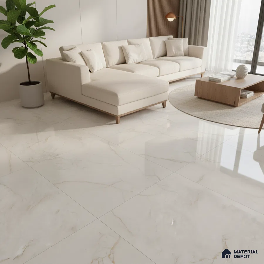 Modern living room with beige marble-look floor tiles and light wood accents