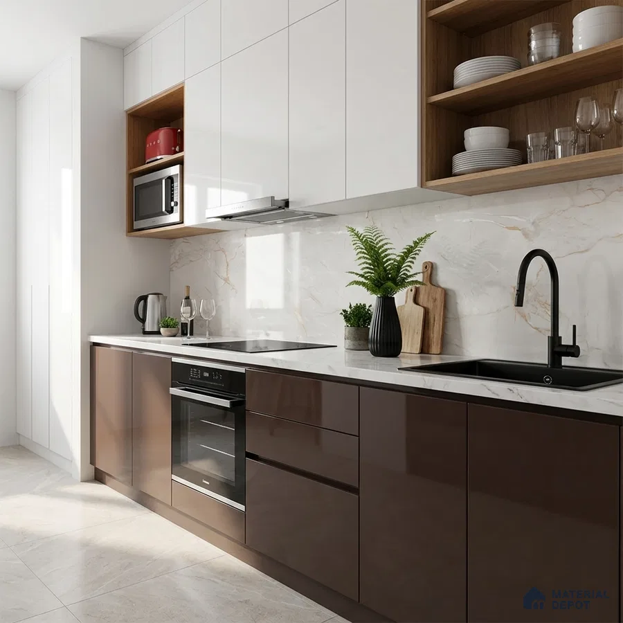 Modern kitchen with glossy brown laminate, white marble backsplash, and white upper cabinets