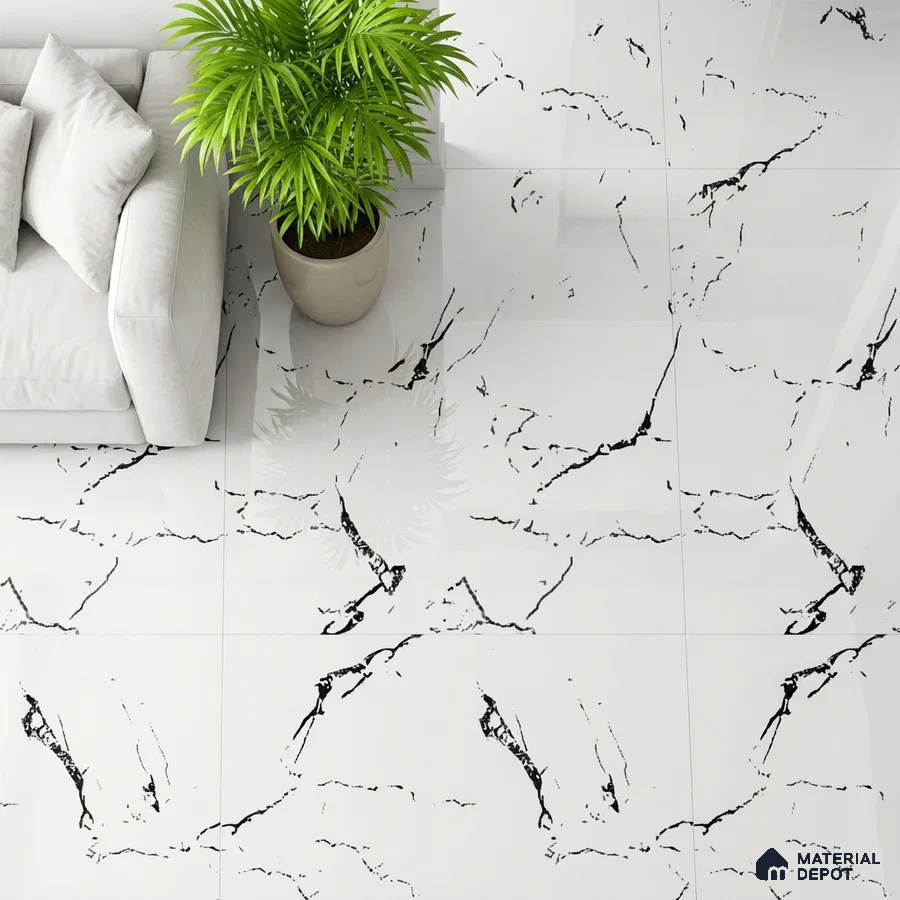 Modern living room with white marble-look floor tiles and minimal sofa