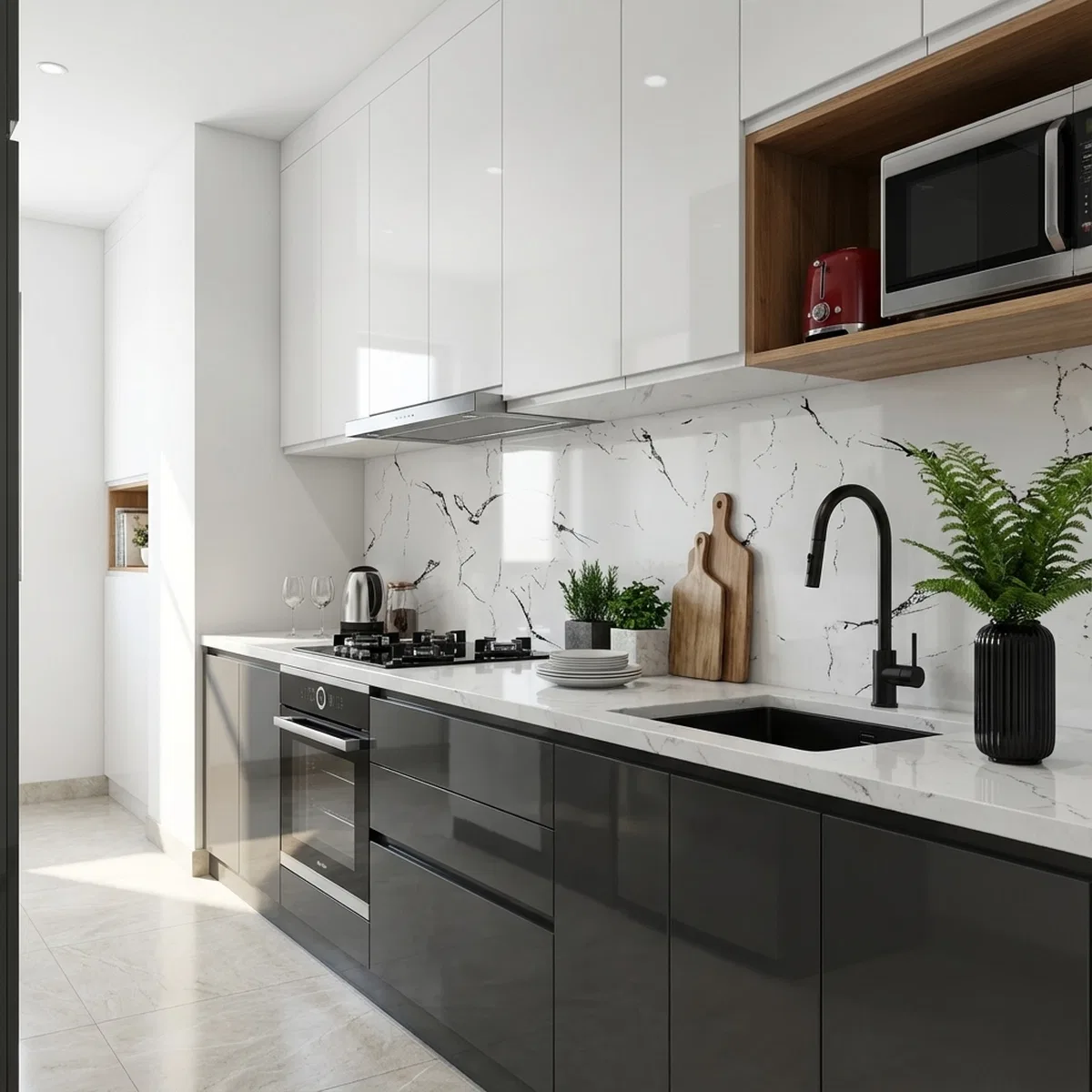 Modern kitchen with high gloss white and black laminate, marble-look ...