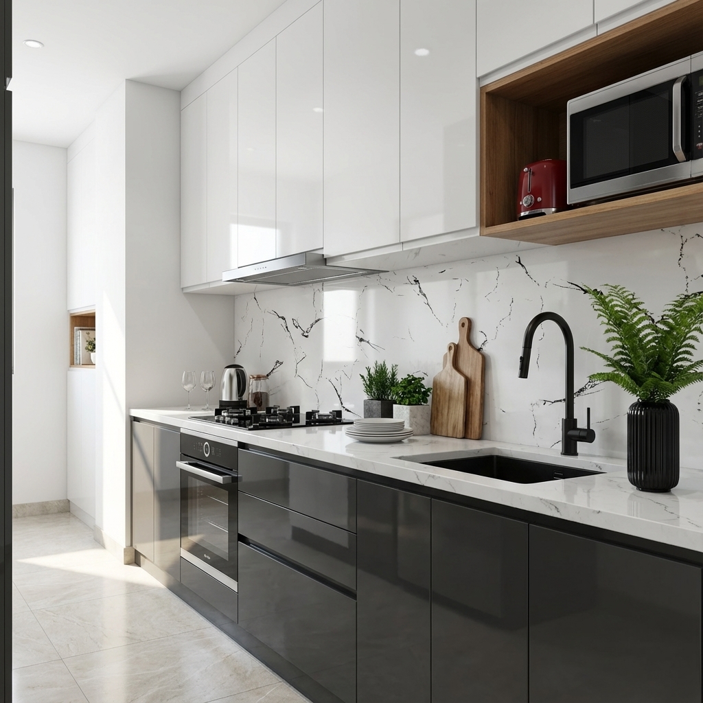 Modern kitchen with high gloss white and black laminate, marble-look backsplash, and quartz countertop