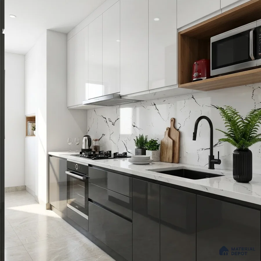 Modern kitchen with high gloss white and black laminate, marble-look backsplash, and quartz countertop