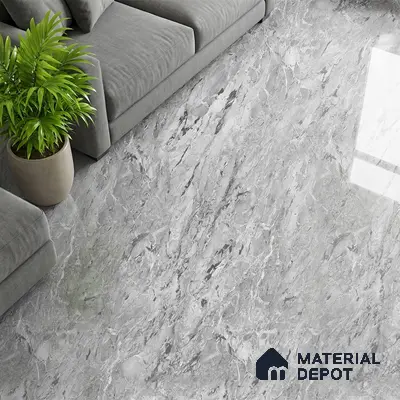 Modern living room with grey marble-look floor tiles and grey fabric sofa