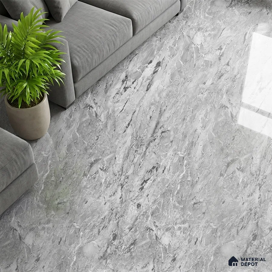 Modern living room with grey marble-look floor tiles and grey fabric sofa