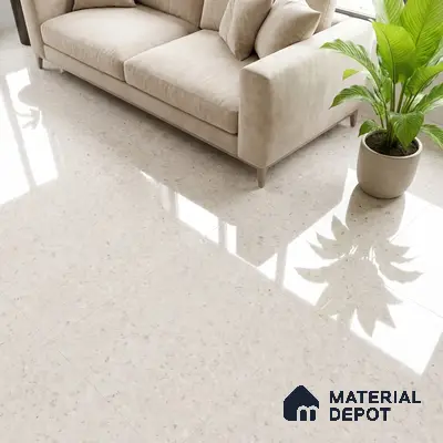 Minimalist living room with beige suede sofa and polished ivory marble floor tiles