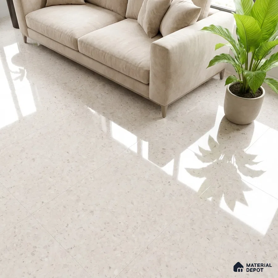 Minimalist living room with beige suede sofa and polished ivory marble floor tiles