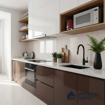 Modern kitchen with glossy brown and white laminate, white quartz countertop, and beige quartz backsplash