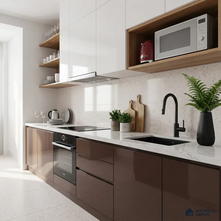 Modern kitchen with glossy brown and white laminate, white quartz countertop, and beige quartz backsplash