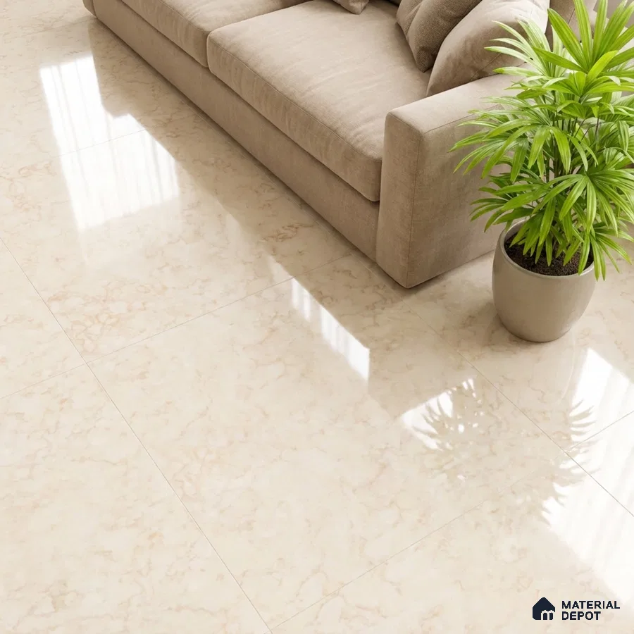 Modern living room with beige marble-look glossy floor tiles and neutral fabric sofa